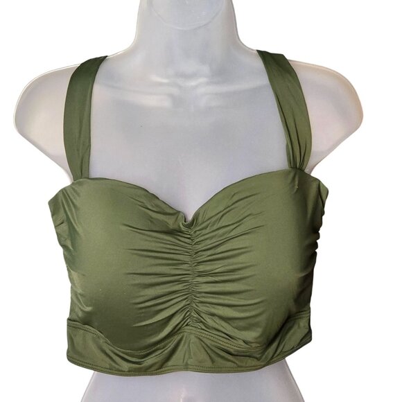 Daci Other - Daci Womens Ruched Bustier Crop Swim Top 20W Army Green Built In Bra